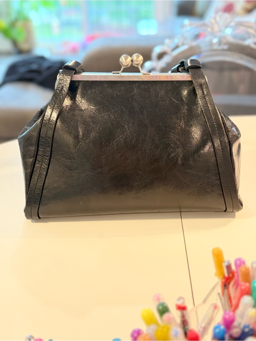 Black Leather Kiss-Lock Satchel Handbag